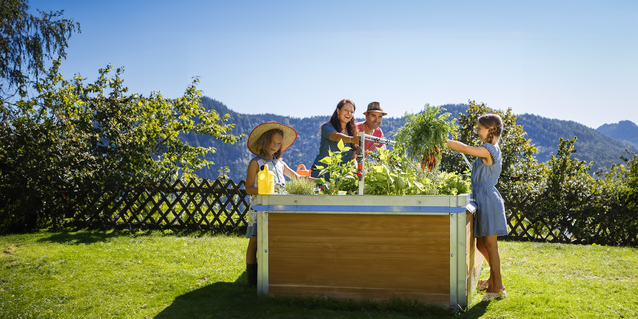 Familie Erntet gemeinsam Gemüse aus dem Hochbeet